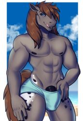 abs anthro beach bulge clothing equid equine hi_res horse licking licking_lips looking_at_viewer male male_only mammal muscular muscular_male nipples outside penis penis_base porin seaside smile solo standing tongue tongue_out underwear