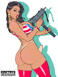 1futa american_flag american_flag_bikini artist_name ass beauty_mark big_breasts bimbo black_hair bra bra_lift breasts cleavage dmitrys elodie_(dmitrys) erection eyeshadow futa_only futanari green_eyes gun intersex lipstick lollipop looking_at_viewer machine_gun makeup no_panties patreon penis solo solo_futa star_earrings tanned thighhighs twisted_torso url voluptuous