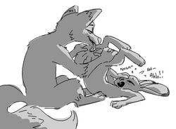 anal anthro black_and_white buckteeth canid canine disney duo english_text female flat_chest fox greyscale judy_hopps lagomorph leporid lying male mammal monochrome nick_wilde nobby_(artist) on_back open_mouth oral rabbit rimming rough_sketch sex sitting straight teeth text zootopia