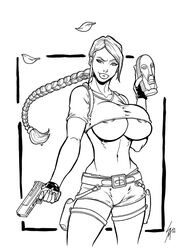 1girls areola_slip athletic belt belt_buckle big_breasts braid braided_hair breasts busty crop_top lara_croft lara_croft_(classic) monochrome navel overflowing_breasts pistol sam7 short_shorts tagme thigh_holster tomb_raider underboob