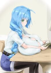 bea_(adfhbcf4326) blue_hair breast_press breasts_on_desk huge_breasts lactation puffy_nipples