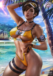 1girls bikini breasts cleavage female female_only logan_cure looking_at_viewer overwatch solo sweat thick_thighs tracer union_jack