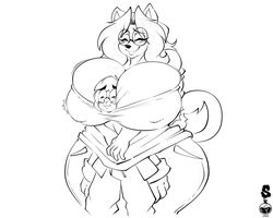 1boy 1girls anthro between_breasts big_breasts blush breasts canine cleavage closed_eyes clothed clothing duo eyewear female furry glasses happy hugging larger_female male monochrome nipple_bulge off_shoulder sad shared_clothes size_difference smile superia_(superix) superix thick_thighs thighs white_background