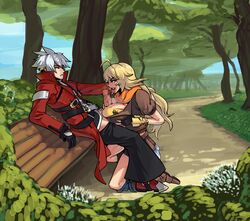 1boy 1girls arc_system_works bench big_breasts big_penis blazblue blazblue:_cross_tag_battle blonde_hair boxman breasts cleavage crossover female large_breasts male open_mouth outdoors outside paizuri paizuri_under_clothes park_bench penis public ragna_the_bloodedge rooster_teeth rwby straight tongue tongue_out yang_xiao_long