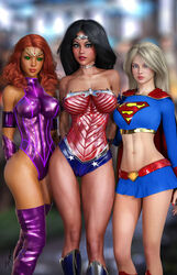 3d 3girls abs alien_girl amazon argoan arm_bands arms_behind_back belly_button belt big_breasts black_hair blonde_hair blue_boots blue_eyes blue_miniskirt blue_shirt blue_skirt boots breastplate breasts busty cape choker cleavage curvaceous curvy dc dc_comics diana_prince erect_nipples erect_nipples_under_clothes eyeshadow female female_only front_view ginger goddess green_eyes green_sclera human justice_league kara_danvers kara_zor-el koriand'r kryptonian large_breasts leotard lipstick makeup mascara medium_breasts midriff miniskirt nail_polish navel necklace nipple_bulge nipples orange_hair pink_lips pinup purple_boots purple_leotard purple_thighhighs red_belt red_boots red_cape red_hair red_lips red_lipstick red_nail_polish red_nails shirt signature skirt standing starfire stomach supergirl superheroine superman_(series) tamaranean teen_titans themysciran thick_thighs thigh_boots thighs tiangtam tiara voluptuous wonder_woman wonder_woman_(series)