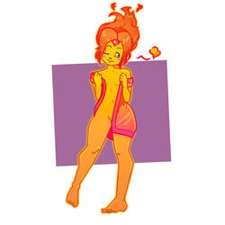 adventure_time blush drclosure exposing female fire_hair flame flame_princess nude princess small_breasts solo towel undressing wink young