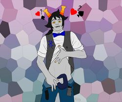 1boy ? absurd_res black_hair clothing grey_skin heart hi_res hiveswap homestuck horns male minmiki ms_paint_adventures ponytail sharp_teeth short_hair solo spade tentabulge tentacle_penis troll webcomic yellow_eyes yellow_nails zebruh_codakk