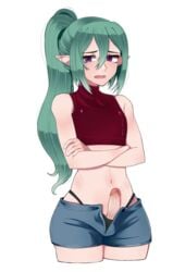 1boy balls_in_panties crop_top elf erect_penis erection green_hair lucateal male male_only original_character pointy_ears ponytail purple_eyes shorts thong trap