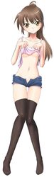 camisole denim denim_shorts fumotono_mikoto highres kyon kyonko ponytail rule_63 shirt_lift shorts suzumiya_haruhi_no_yuuutsu thighhighs tied_hair unbuttoned unzipped