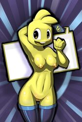 2015 abstract_background blonde_hair breasts buckteeth elpatrixf female fur hair jackbox_games legwear looking_at_viewer navel nipples nude open_mouth pussy quiplash quiplash_(series) smile solo speech_bubble stockings the_jackbox_party_pack_2 tongue video_games yellow_eyes yellow_fur yellow_mouth yellow_quiplash_player_(jackbox) yellow_skin