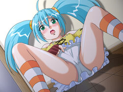 bakugan bakugan_battle_brawlers blue_hair blush fingerless_gloves footwear fully_clothed gloves green_eyes kneehighs laying_on_back on_back open_mouth panties runo_misaki_(bakugan) sitting socks striped striped_kneehighs striped_socks tied_hair twintails underwear