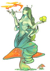 alice_in_wonderland antenna antennae breasts butterflies butterfly caterpillar green_hair green_skin hookah kiseru monster_girl mushroom noja pipe rule_63 the_caterpillar topless yellow_eyes