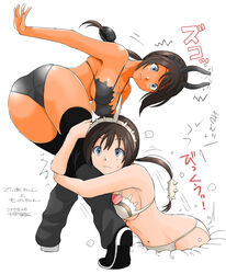 2girls accidental_circumstance accidentally_stuck alternate_color ass bent_over bikini black_diablos blue_eyes breasts brown_hair capcom cleavage curvy diablos falling female female_only female_with_female femsub grab grabbing hair_ornament hairband horns large_ass large_breasts leg_grab long_hair monoblos monster_hunter mukuzou multiple_girls navel orange_skin panties personification ponytail ryoh_zoh ryouzou simple_background stuck stuck_in_floor swimsuit thighhighs tied_hair underboob underwear white_monoblos yuri