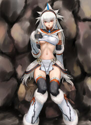 blush breasts cameltoe capcom color detached_sleeves erect_nipples female female_only gloves hairband horn horns human kirin_(armor) long_hair midriff monster_hunter navel panties rasukaru red_eyes shirt_lift sitting skirt solo thighhighs underboob underwear white_hair