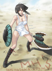 axe black_hair boots breasts cleavage desert double_bladed_axe large_breasts monster_hunter naked_apron orange_eyes panties rasukaru rasukaru_(pixiv74058) sand shield short_hair striped striped_panties underwear weapon