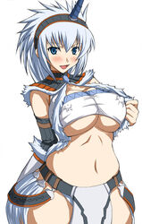 akino_hamo bb blue_eyes blush breasts capcom color curvy erect_nipples female female_only hairband hips human kirin_(armor) large_breasts monster_hunter navel short_hair solo underboob white_background white_hair wide_hips