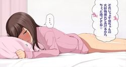 ass bed blush bottomless breath brown_eyes brown_hair female heavy_breathing long_hair looking_back lying on_stomach one_eye_closed open_mouth original pajamas pillow smelling solo sweat text translation_request ushisuke