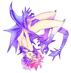 1girls capcom dragon_girl fangs female female_only flexible monster_girl monster_hunter nishieda no_nipples nude orange_eyes personification pink_hair scales simple_background solo wings yian_garuga