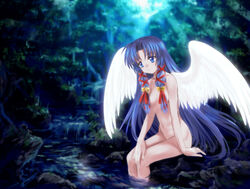 air_(anime) angel angel_wings bell bells blue_hair hair_ribbon hair_ribbons highres kannabi_no_mikoto long_hair mutsuki_(moonknives) nude ribbon water wings