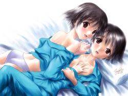 2girls ass bed black_hair female incest memories_off memories_off_2nd multiple_girls open_clothes open_shirt panties s_zenith_lee saliva saliva_trail shirt short_hair siblings sisters soma_megumi soma_nozomi souma_megumi souma_nozomi sweat twins underwear yuri