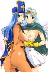 2girls ass blue_eyes blue_hair blush bodysuit breast_press breasts cape chunsoft circlet cleric clothes_pull clothing dragon_quest dragon_quest_iii dress enix female female_only gloves gold_trim hat latex latex_gloves long_hair medium_breasts michael_f91 mitre multiple_girls nipples open_clothes open_shirt priest_(dq3) red_eyes sage_(dq3) shirt shirt_pull symmetrical_docking tabard