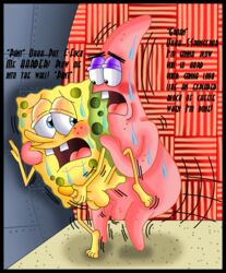 2boys anal anal_penetration anal_sex blue_eyes buckteeth dialog from_behind_position gay hand_on_wall handjob_while_penetrated interspecies inviting_to_sex leg_lift motion_lines non-human non-human_only patrick_star penis purple_eyelids sea_sponge smooth_skin spongebob_squarepants spongebob_squarepants_(character) standing_on_one_leg starfish stroking_cock sweat sweatdrops sweating tagme testicles thrusting_into_ass tiptoes toonophile toony yaoi