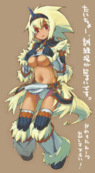 blonde_hair brown_background capcom color female female_only hairband horn human kirin_(armor) monster_hunter red_eyes short_hair solo standing super_zombie thighhighs underboob