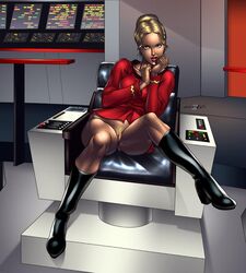 1girls badge blonde_hair blue_eyes breasts high_heel_boots high_heels janice_rand miravi no_panties pussy star_trek star_trek_the_original_series starfleet_insignia starfleet_uniform tagme uniform