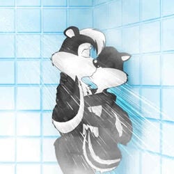 anthro black_fur cat closed_eyes feline female fur indoors interspecies kissing looney_tunes male mammal penelope_pussycat pepe_le_pew shower skunk smooth_fur standing straight tagme tail water white_fur