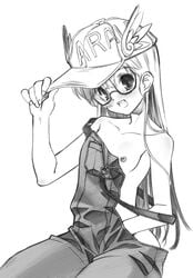 1girls android arale_norimaki blush breasts dr._slump female flat_chest glasses hat highres long_hair looking_at_viewer monochrome naked_overalls nipples no_panties open_mouth overalls senomoto_hisashi simple_background smile solo white_background