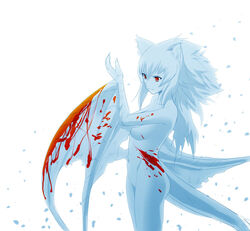 blood blood_stain blue_hair blue_skin breasts capcom cat_ears color female female_only flying_wyvern hair long_hair medium_breasts monster_hunter monster_hunter_freedom_unite nargacuga navel nude personification red_eyes side_view solo source_request standing tail underboob white_background wings yasu yasuyuki year_request