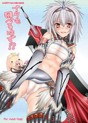 bandeau blush breasts cameltoe capcom color female female_only hairband horn human kirin_(armor) kizaki_yuuri long_hair midriff monster_hunter navel panties pig poogie red_eyes silver_hair solo sword tube_top tubetop underboob underwear weapon white_hair