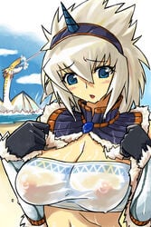 beach blue_eyes blush breasts capcom cleavage color female female_only hairband horn human kirin_(armor) michael_f91 monster_hunter nipples plesioth see-through solo wet