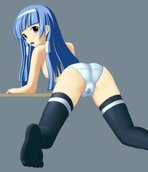 1girls blue_hair blue_panties female female_only flat_chest footwear highres kannagi kuresu_(alice-pma) long_hair nagi nipples nude panties socks solo underwear wet