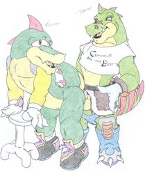 anthro bent_over clothing crocodile dandy_the_crocodile male male_only multiple_males nude reptile sex sonic_(series) stool straight_hair tagme traditional_media_(artwork) vector_the_crocodile yaoi