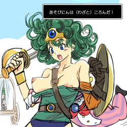 1girls blue_eyes blush breasts circlet clothing dragon_quest dragon_quest_iv green_hair hat heroine heroine_(dq4) japanese_text michael_f91 nipples shield short_green_hair small_breasts square_enix sword text tiara translated weapon