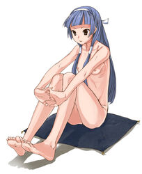 1girls barefoot blue_hair blunt_bangs ei_(pixiv) feet female female_only flat_chest hair_tubes kannagi long_hair nagi nude purple_eyes ribs sitting soles solo toes yada_ei