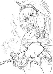 angry breast_hold breasts capcom cleavage covering covering_breasts enf female female_only hairband hips horn kirin_(armor) monochrome monster_hunter sketch solo translation_request wide_hips yasakani_an