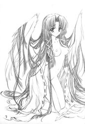 1girls air_(anime) breasts carnelian female japanese_clothes kannabi_no_mikoto long_hair monochrome sketch solo undressing wings