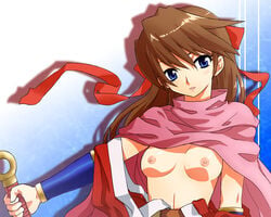 aoi_(tengai_makyou) blue_eyes breasts brown_hair hair_ribbon hair_ribbons long_hair michael_f91 nipples open_clothes ribbon ribbons tengai_makyou