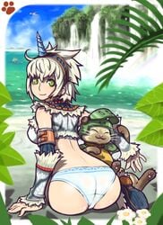 animal artist_request background beach capcom closed_mouth color detached_sleeves feline felyne female feral green_eyes headband horn human jewelry kirin_(armor) lynian monster_hunter monster_hunter_freedom open_eyes panties partially_clothed short_hair sitting smile solo_focus source_request water waterfall white_hair year_request