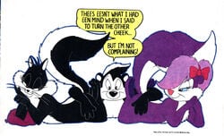 anthro barefoot black_fur cat desiree_lee feline female fifi_la_fume front_view fur interspecies looney_tunes lying male mammal mustelid on_front open_eyes penelope_pussycat pepe_le_pew purple_fur skunk smooth_fur straight tagme text tiny_toon_adventures white_fur