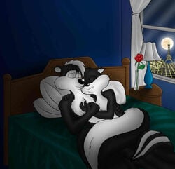 anthro bed black_fur cat closed_eyes feline female fur indoors interspecies looney_tunes lying male mammal night on_back on_side penelope_pussycat pepe_le_pew pillow skunk sleeping smooth_fur tagme tail white_fur window