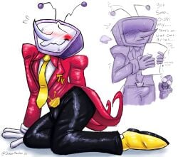 antennae blush blushing_male cute deltarune embarrassed erection full_body fully_clothed gloves letter looking_at_another male male_only nervous nervous_smile non-human object_head on_knees pippins_(deltarune) reading shaking shocked shoes steam steaming_breath suit sweat sweatdrop tenna_(deltarune) tie toony trembling tv tv_head