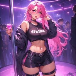 ai_generated belly_button blue_eyes piercing piercings pink_hair skirt slut strip_club stripper_pole women
