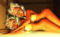 2girls 3d age_difference ahsoka_tano alien alien_girl artist_name bare_shoulders big_breasts bikini bikini_bottom bikini_top blue_eyes busty clone clonecest curvy detailed_background eyelashes female female_on_top female_only front_view headband headgear hourglass_figure humanoid indoor inside jedi jedi_padawan kondaspeter long_hair looking_at_viewer lying mammal marking midriff multiple_females multiple_girls older_female orange_skin pose posing room selfcest shadow shiny shiny_skin skimpy stacked star_wars star_wars_rebels swimsuit swimwear thong time_travel togruta voluptuous wide_hips yellow_bikini yellow_clothing young younger_female yuri