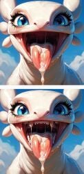 after_blowjob ai_edit ai_generated alone animal_nose big_mouth blue_eyes clouds cum_in_mouth dragon dragon_fang dreamworks drool_in_mouth drooling edit edited_screencap eyes fangs female female_dragon front_view furry furry_female head_only how_to_train_your_dragon how_to_train_your_dragon:_the_hidden_world light_fury looking_at_viewer madworld123 no_humans nose nubless only_furry open_eyes open_mouth showing_cum sky slime_mouth smile smiley_face teeth teeth_showing teeth_visible toothless_mouth white_body white_skin