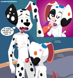 <3_eyes 101_dalmatian_street 101_dalmatians absurd_res anthro canid canine canis da_vinci_(101_dalmatians) dalmatian dialogue disney domestic_dog duo dylan_(101_dalmatians) english_text erection fellatio female heart hi_res incest male mammal oral penile penis playzone sex straight tailwag text thought_bubble