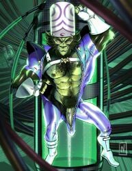 abs anthro ape areola armwear biceps body_hair bodysuit boots cartoon_network chest_hair clothing digital_media_(artwork) elbow_gloves erection erection_under_clothing fingerless_gloves fingers footwear fur genitals gloves green_body handwear haplorhine headgear headwear hi_res humanoid_genitalia humanoid_penis looking_at_viewer male mammal mojo_jojo monkey muscular muscular_anthro muscular_male nevets nipple_piercing nipples pecs penis piercing powerpuff_girls primate pubes seductive shoes skinsuit smile solo standing tenting tight_clothing vein veiny_penis zipper_down