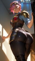 1girls ai_generated arcane armor ass ass_focus asymmetrical_hair black_pants blue_eyes blue_shirt breasts brown_pants brown_vest closed_mouth collared_shirt curtain_grab curtains female flower from_behind goggles goggles_on_head hair_over_one_eye huge_ass indoors large_breasts league_of_legends lips looking_at_viewer looking_back medium_breasts meitabuu necktie nose_piercing pants pantylines pauldrons pink_hair red_flower red_rose riot_games rose shiny_clothes shirt short_hair shoulder_armor sidecutvi solo standing thighs twisted_torso undercut vest vi_(league_of_legends)
